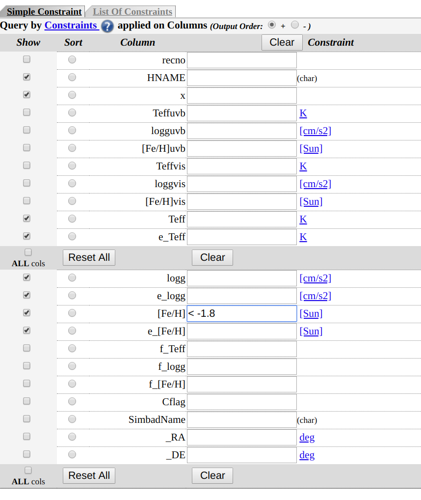 Input code Vizier -- case A