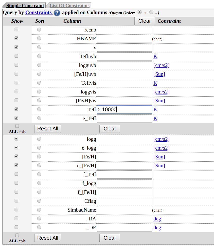 Input code Vizier -- case B